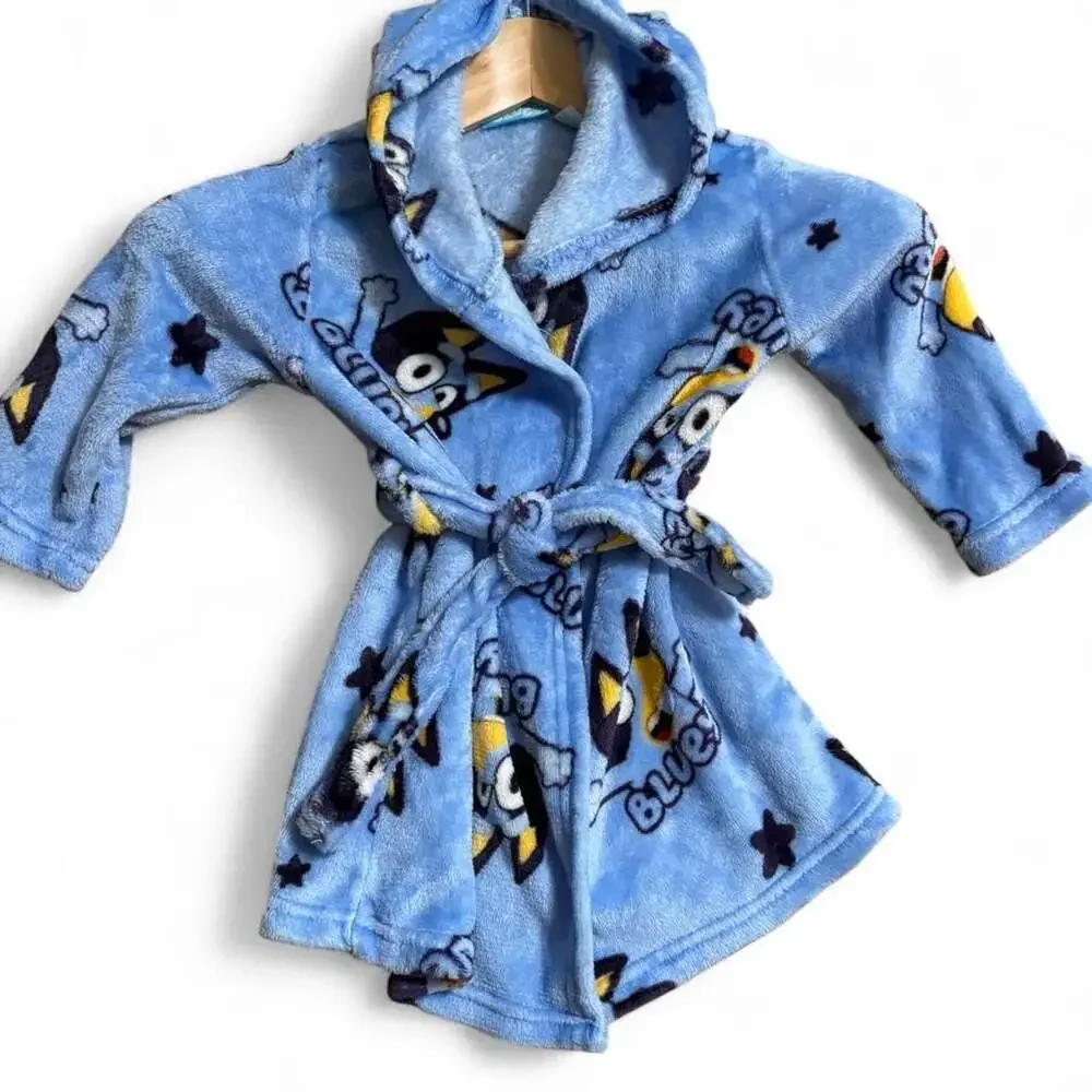 Bluey Kids Fleece Hooded Bathrobe Light Blue Character Print Size 2T